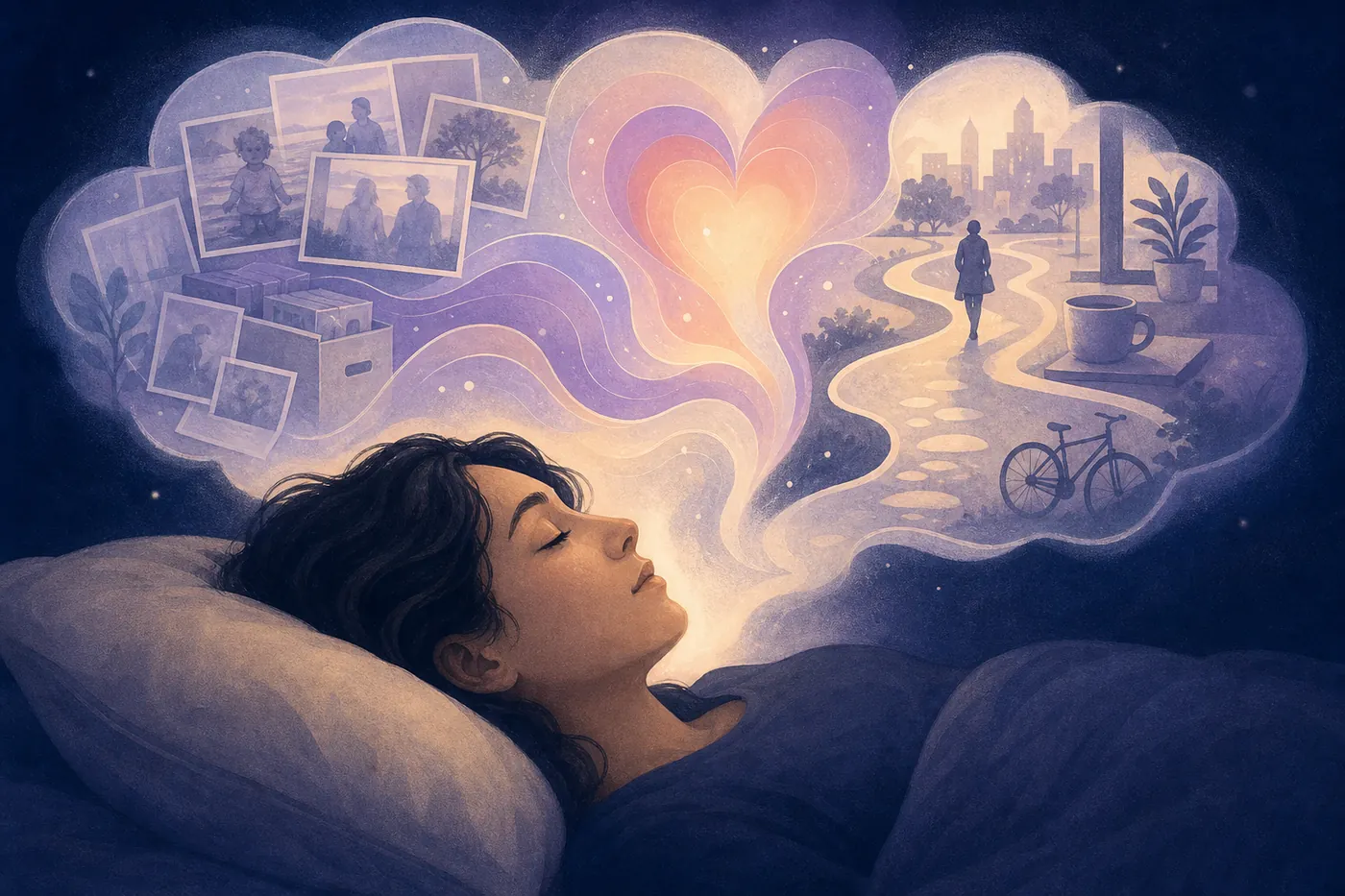 Sleeping person surrounded by dream fragments shaped by memories, emotions, and daily experiences