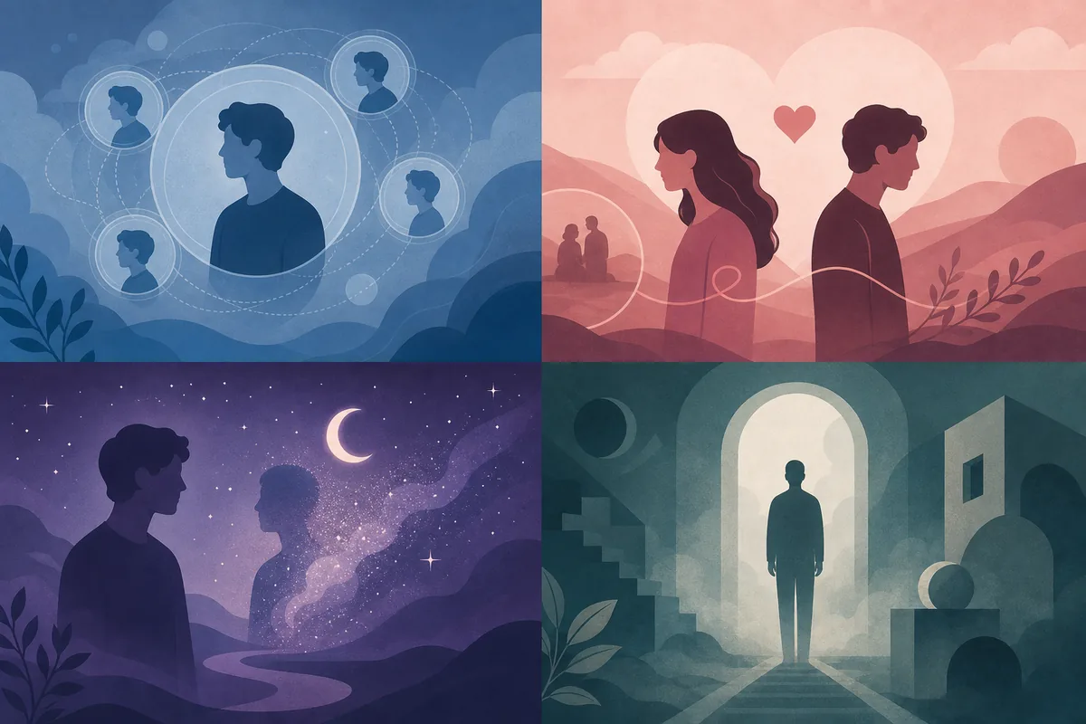 Editorial graphic comparing recurring person dreams, ex dreams, death dreams, and stranger dreams
