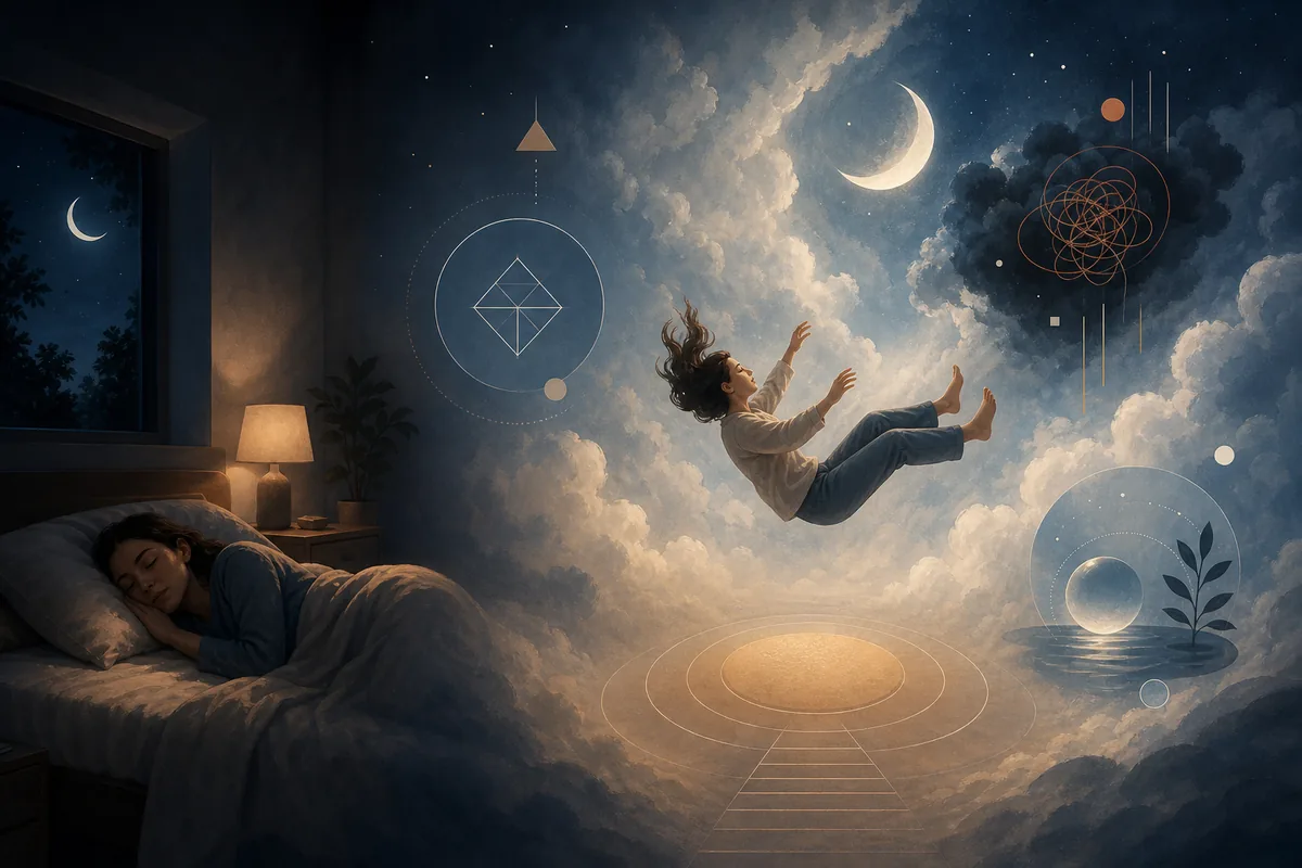 Editorial illustration of a calm person falling through moonlit clouds for falling dream meaning