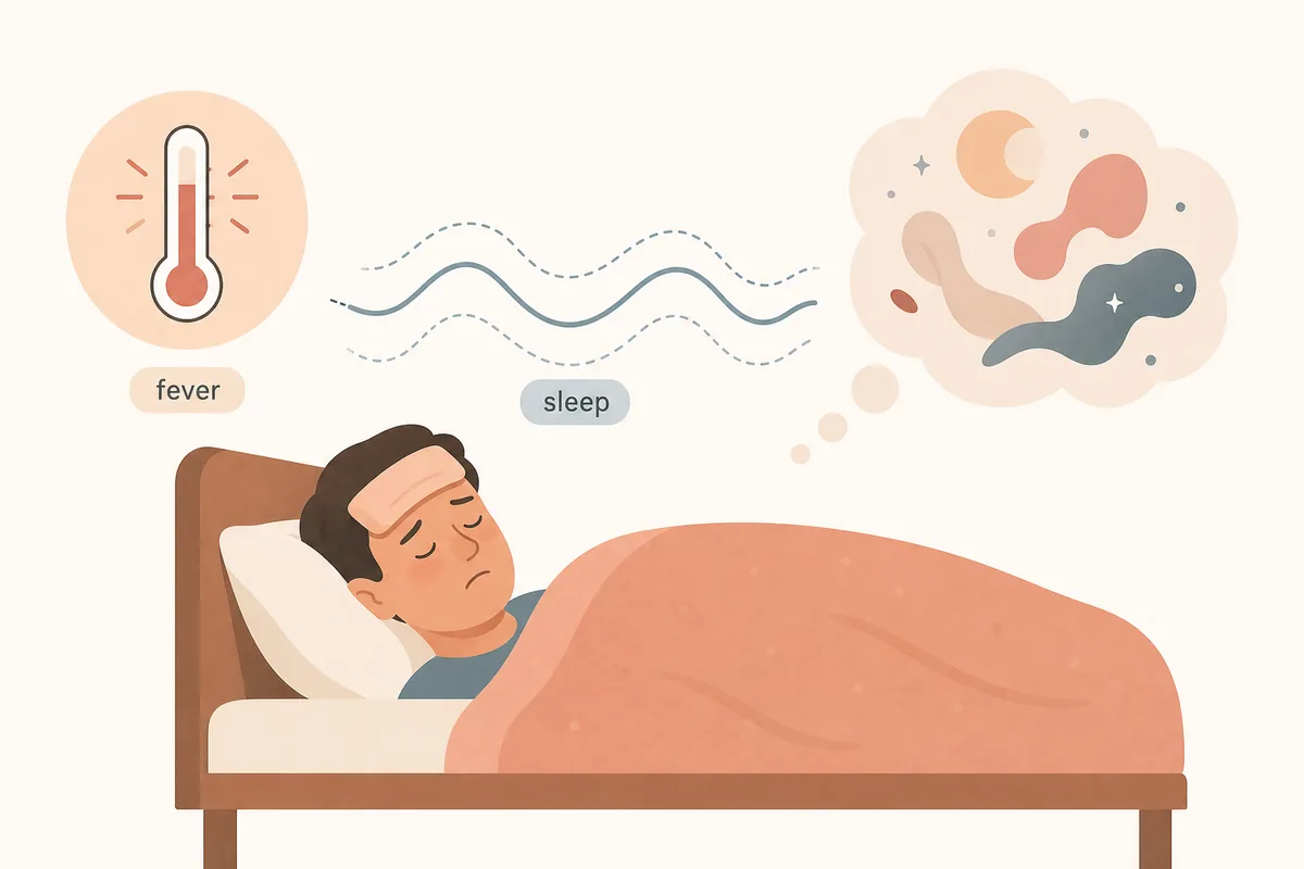 Calm editorial diagram of fever, sleep disruption, and a dream cloud