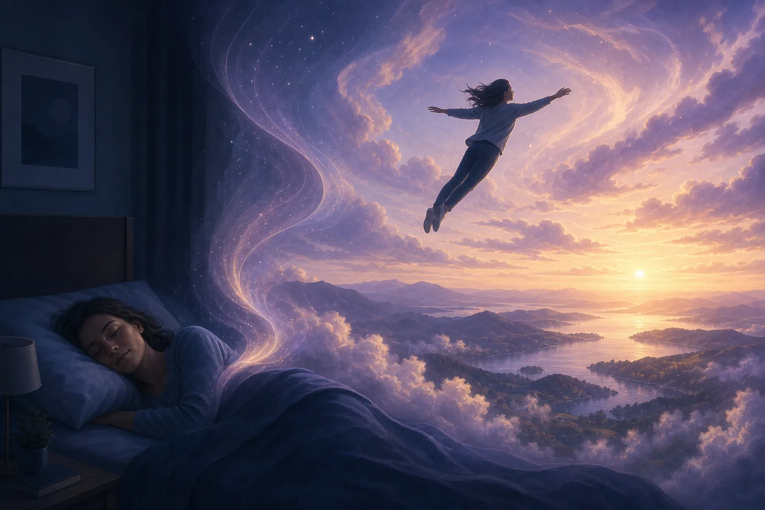 Sleeping person dreaming of flying freely above clouds and a sunrise landscape