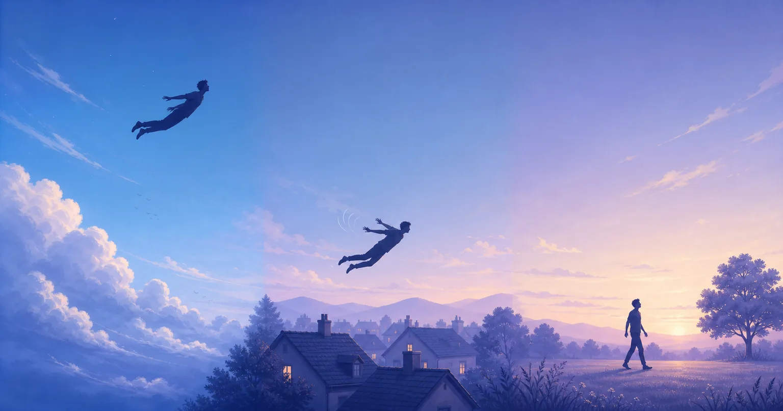 Editorial illustration comparing high flight, unstable low flight, and a safe landing in a dream