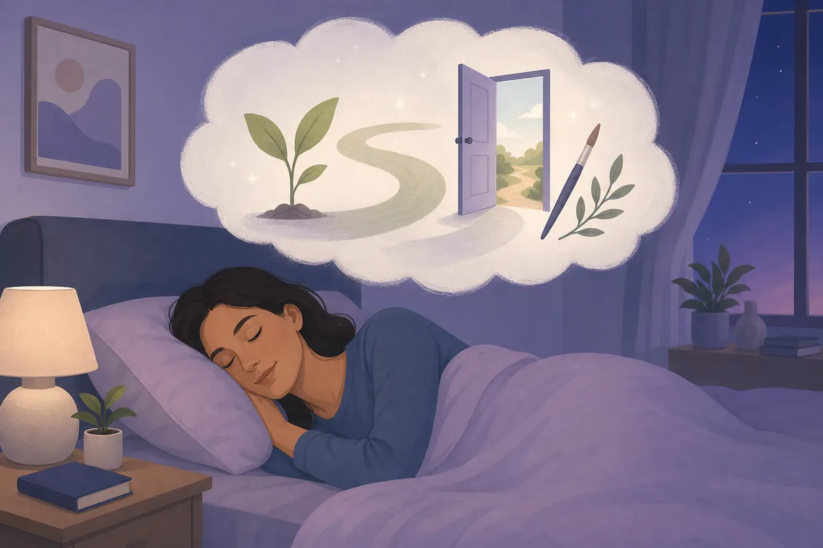 Editorial illustration of a sleeping person dreaming about growth, change, and a new path