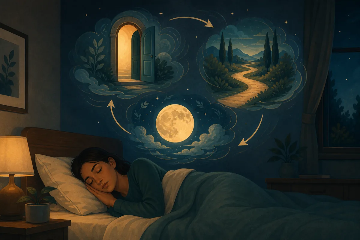 Editorial illustration of a sleeping person with repeated dream symbols forming a loop