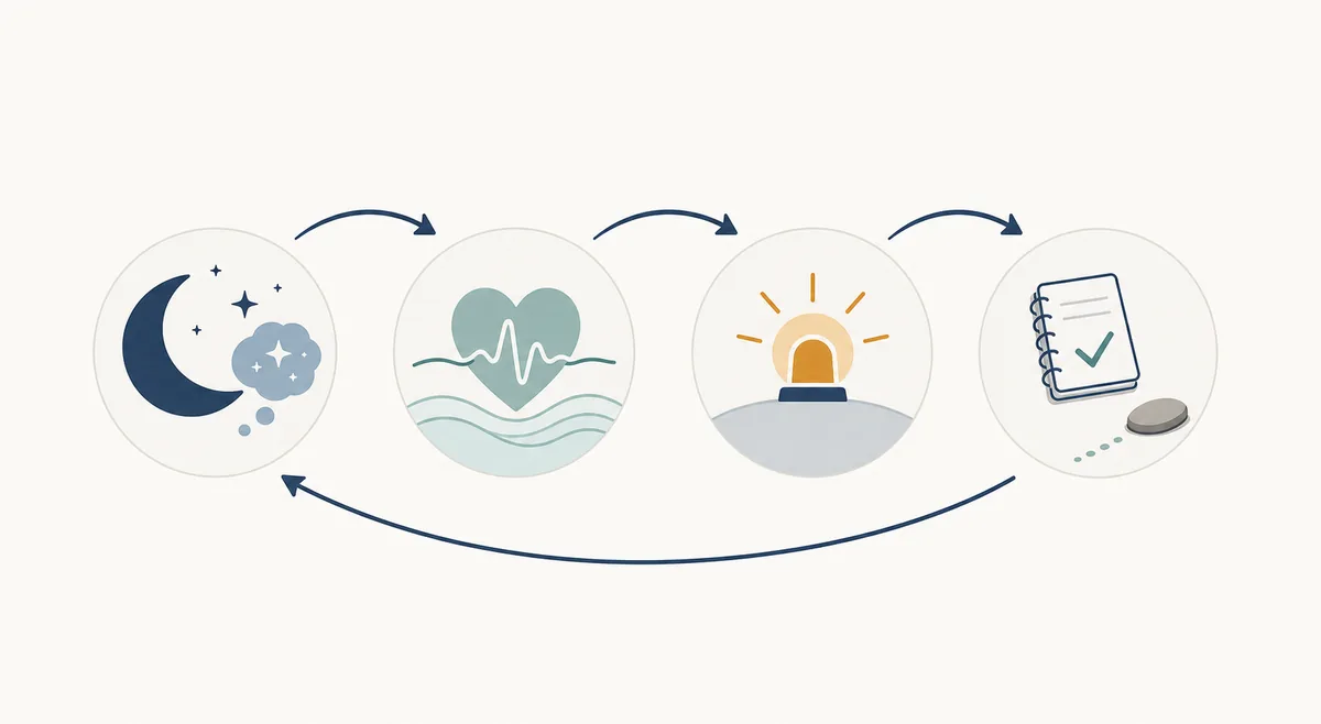 Simple loop diagram showing dream recall, repeated emotion, waking trigger, and next action
