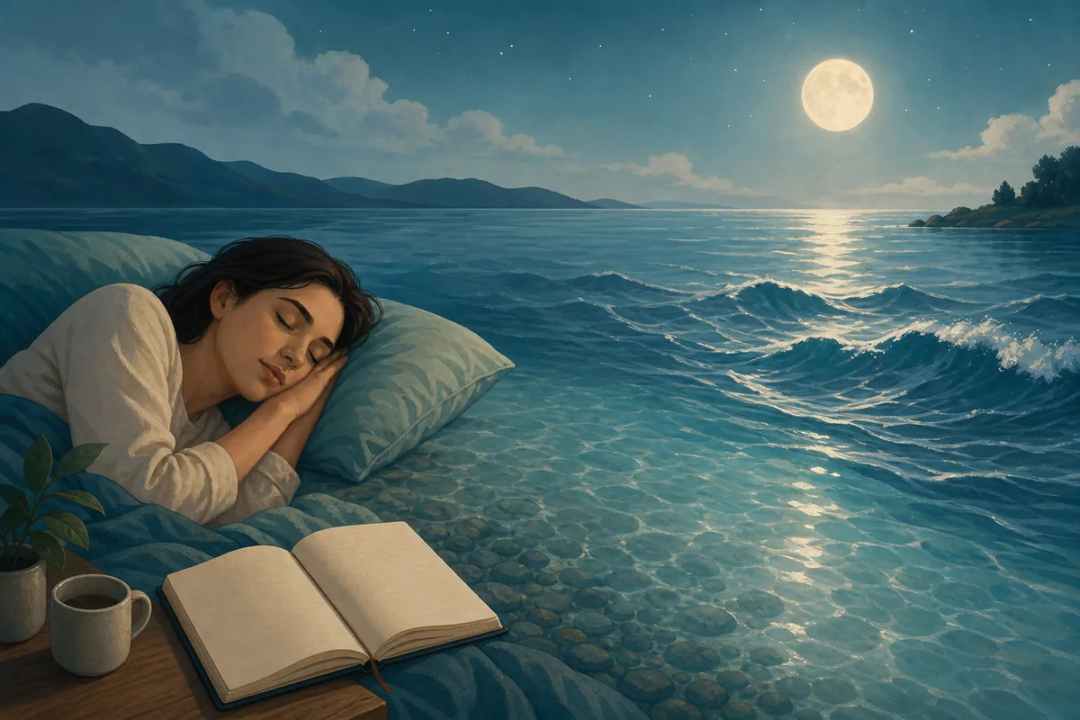 Moonlit water dream illustration with a sleeping person and journal